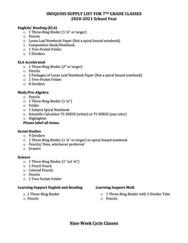 7th Grade School Supply List Iroquois Jr./Sr. High School