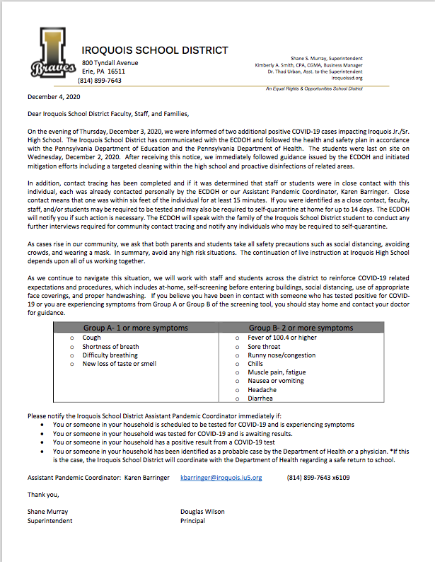 Covid19 Letter 12/4/2020 Iroquois Jr./Sr. High School